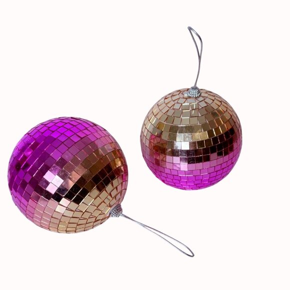 Set Of 2 Disco Ball Christmas Ornaments 8 Inch Ombre Pink Hanging New Years Eve - Picture 2 of 11